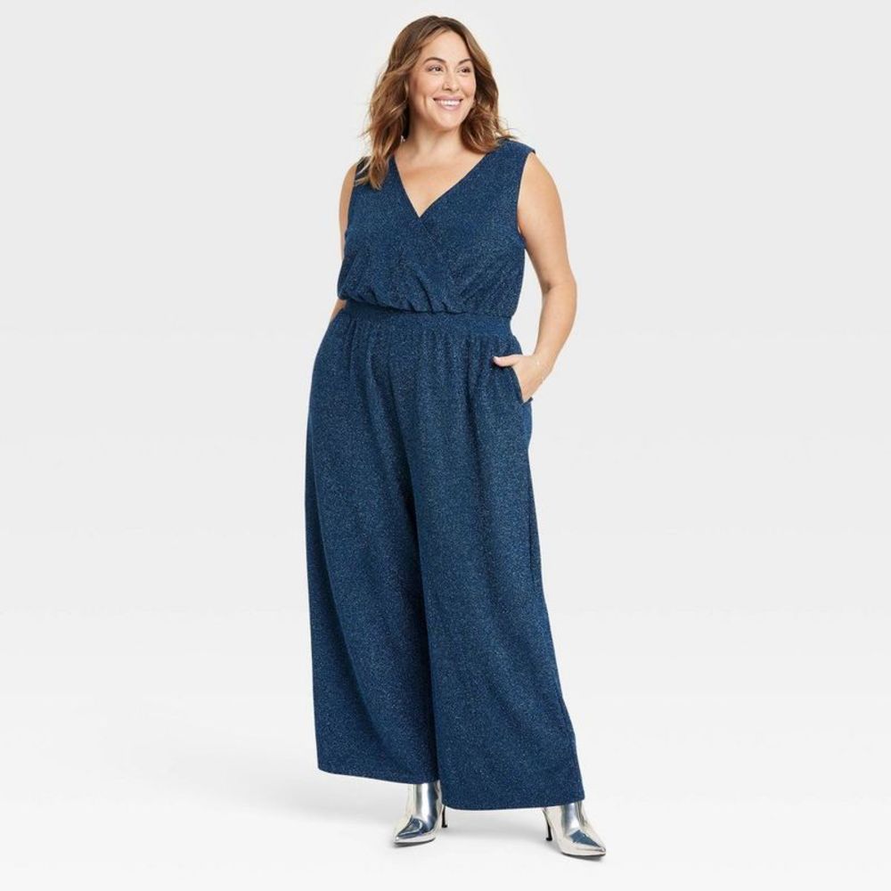 Women's Sparkle Knit Jumpsuit - Ava & Viv Blue 2X